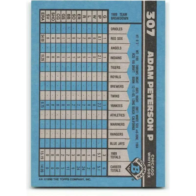 1990 Bowman #307 Adam Peterson NM-MT Chicago White Sox Baseball Card - Baseball Card Single