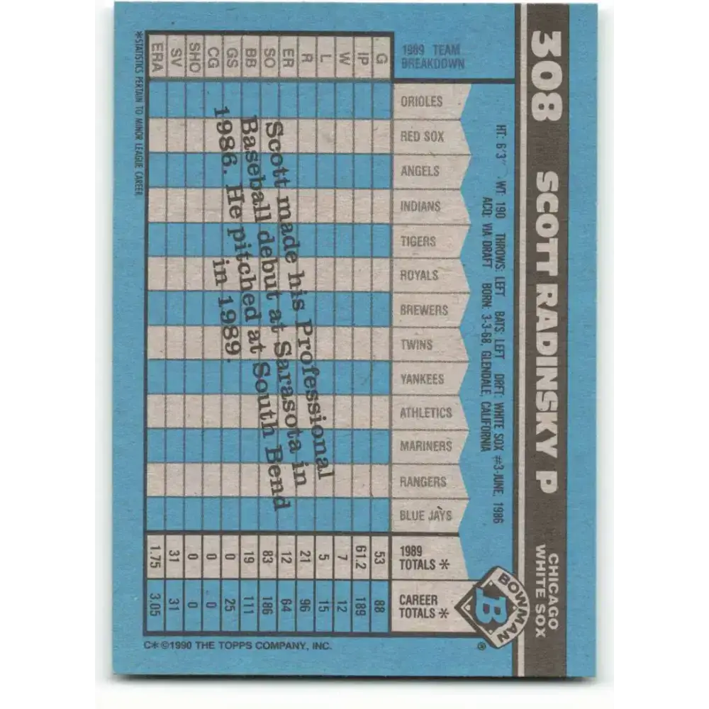 1990 Bowman #308 Scott Radinsky NM-MT RC Rookie Chicago White Sox Baseball Card - Baseball Card Single