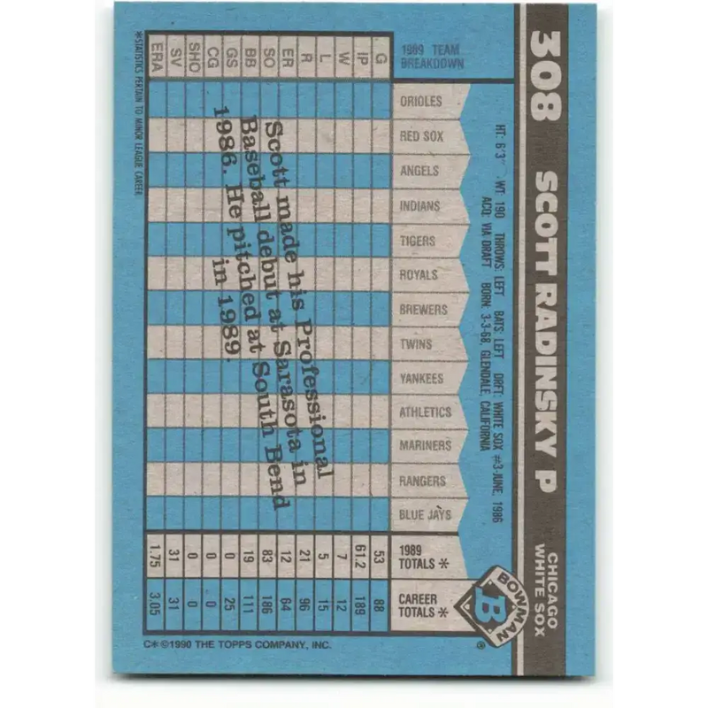 1990 Bowman #308 Scott Radinsky NM-MT RC Rookie Chicago White Sox Baseball Card - Baseball Card Single