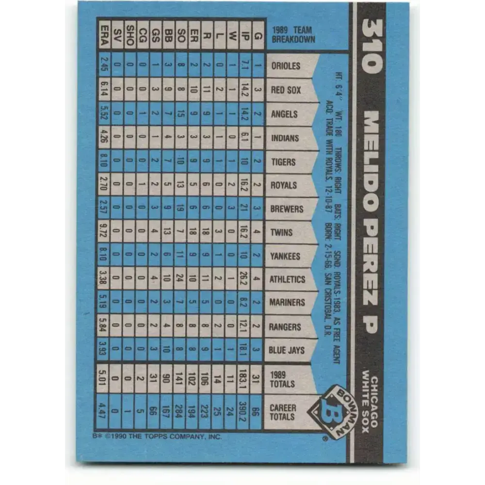 1990 Bowman #310 Melido Perez NM-MT Chicago White Sox Baseball Card - Baseball Card Single