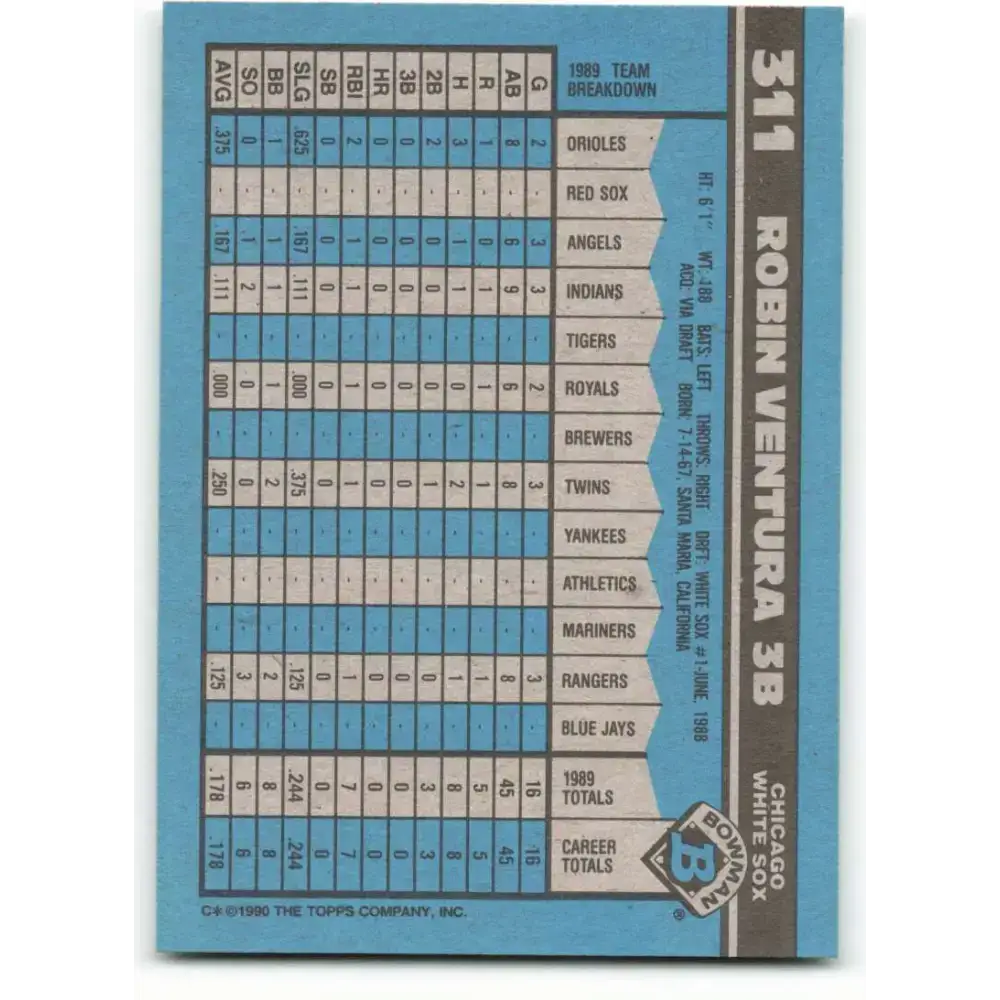 1990 Bowman #311 Robin Ventura NM-MT Chicago White Sox Baseball Card - Baseball Card Single