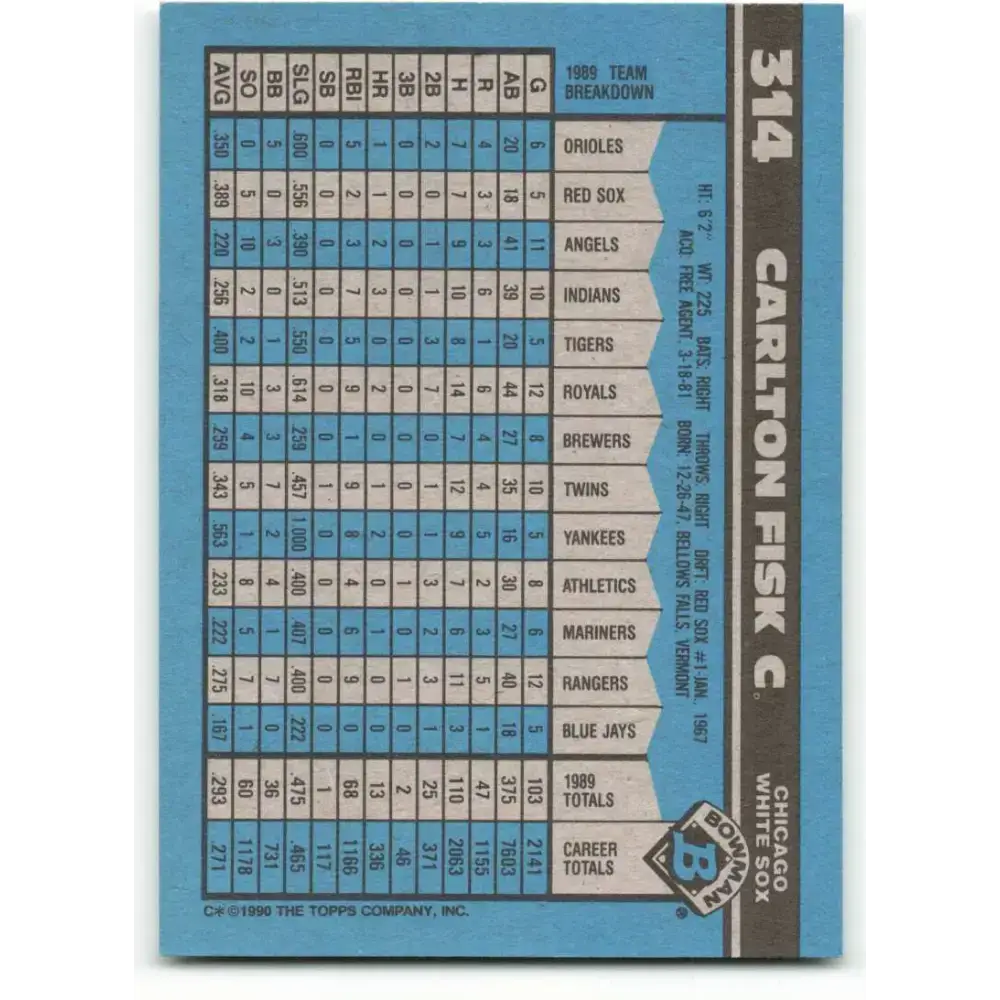 1990 Bowman #314 Carlton Fisk NM-MT Chicago White Sox Baseball Card