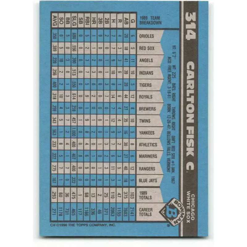 1990 Bowman #314 Carlton Fisk NM-MT Chicago White Sox Baseball Card