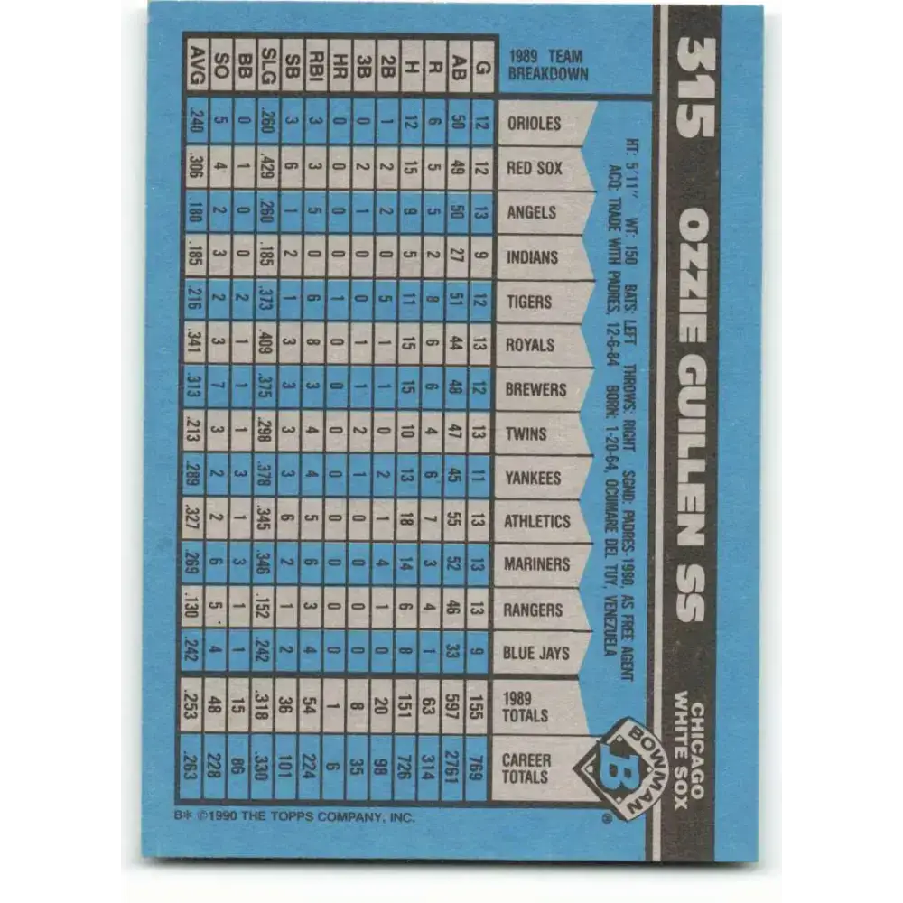 1990 Bowman #315 Ozzie Guillen NM-MT Chicago White Sox Baseball Card - Baseball Card Single