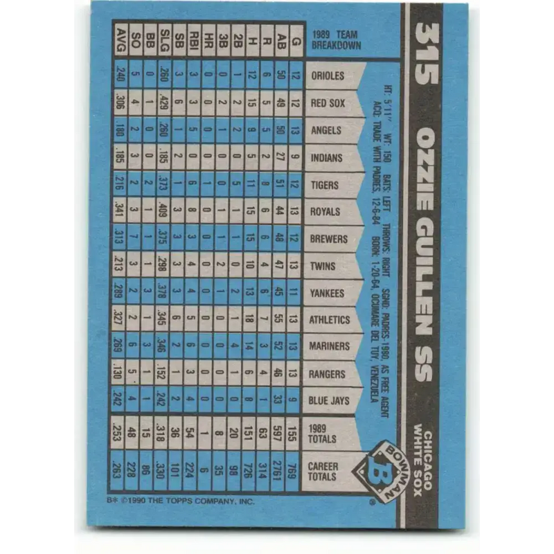 1990 Bowman #315 Ozzie Guillen NM-MT Chicago White Sox Baseball Card - Baseball Card Single