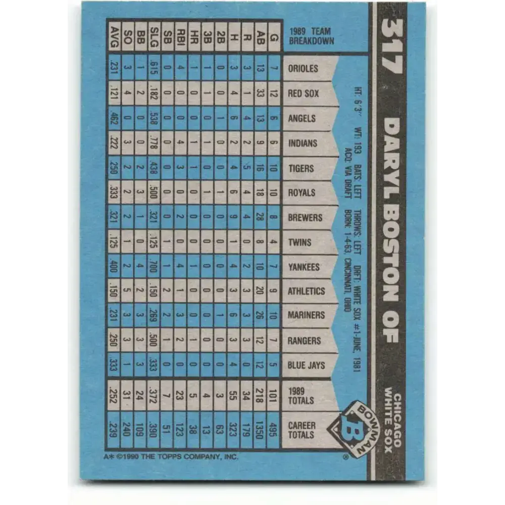 1990 Bowman #317 Daryl Boston NM-MT Chicago White Sox Baseball Card - Baseball Card Single