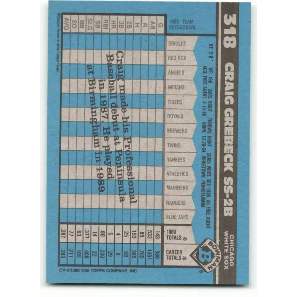 1990 Bowman #318 Craig Grebeck NM-MT RC Rookie Chicago White Sox Baseball Card - Baseball Card Single