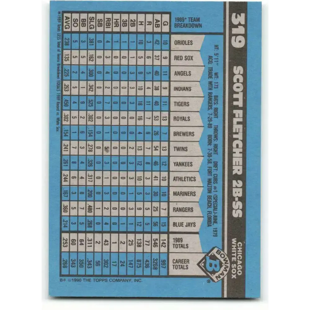 1990 Bowman #319 Scott Fletcher NM-MT Chicago White Sox Baseball Card - Baseball Card Single