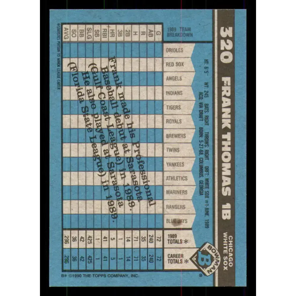 1990 Bowman #320 Frank Thomas NM-MT RC Rookie Chicago White Sox Baseball Card - Baseball Card Single