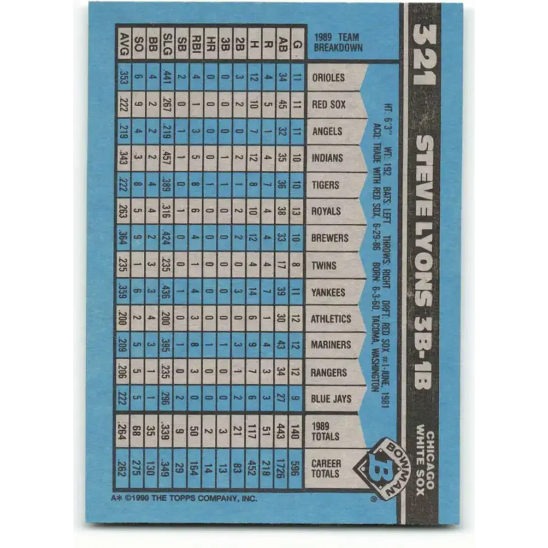 1990 Bowman #321 Steve Lyons NM-MT Chicago White Sox Baseball Card - Baseball Card Single