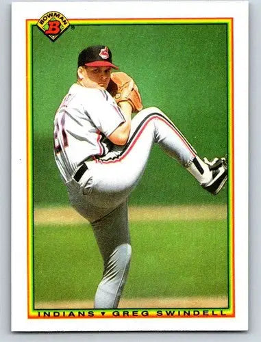 Original gloss baseball card of Greg Swindell pitching for Cleveland Indians in 1990 Bowman