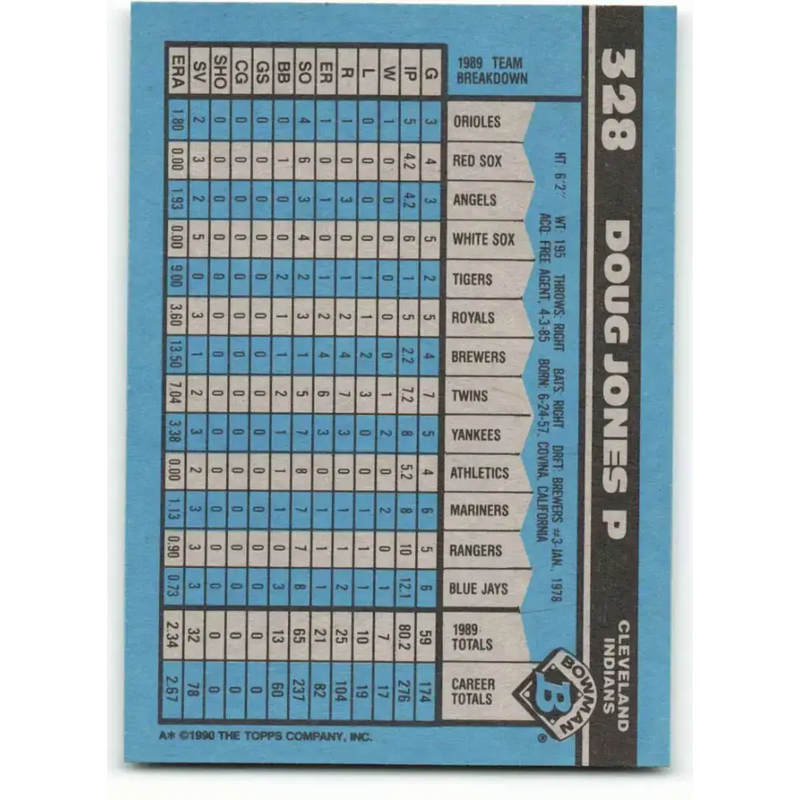 1990 Bowman #328 Doug Jones NM-MT Cleveland Indians Baseball Card - Baseball Card Single
