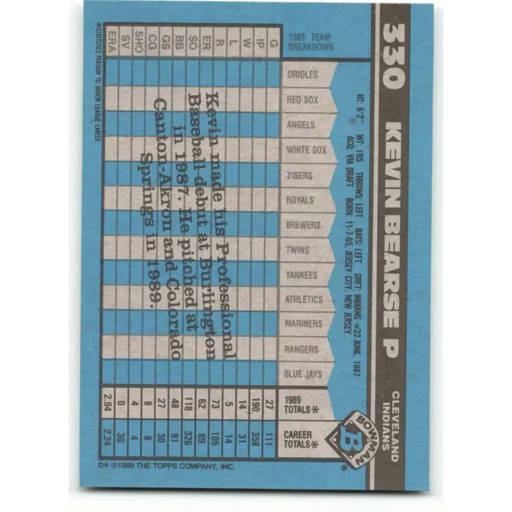 1990 Bowman #330 Kevin Bearse NM-MT RC Rookie Cleveland Indians Baseball Card - Baseball Card Single