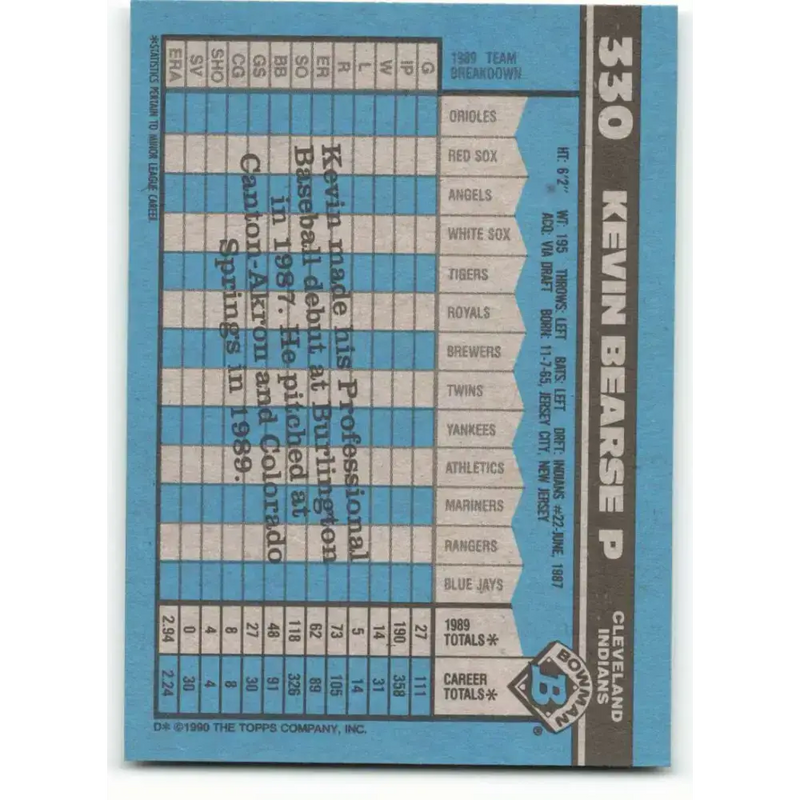 1990 Bowman #330 Kevin Bearse NM-MT RC Rookie Cleveland Indians Baseball Card - Baseball Card Single