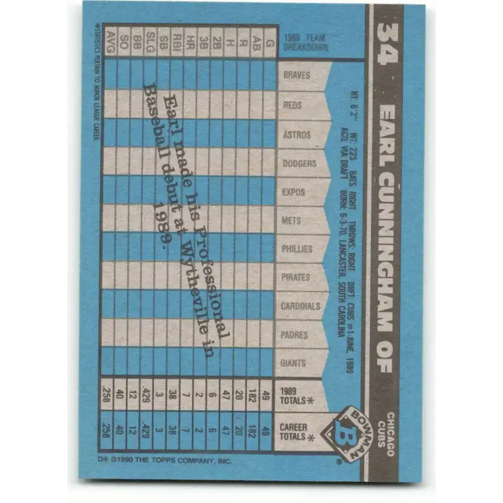 1990 Bowman #34 Earl Cunningham NM-MT RC Rookie Chicago Cubs Baseball Card - Baseball Card Single
