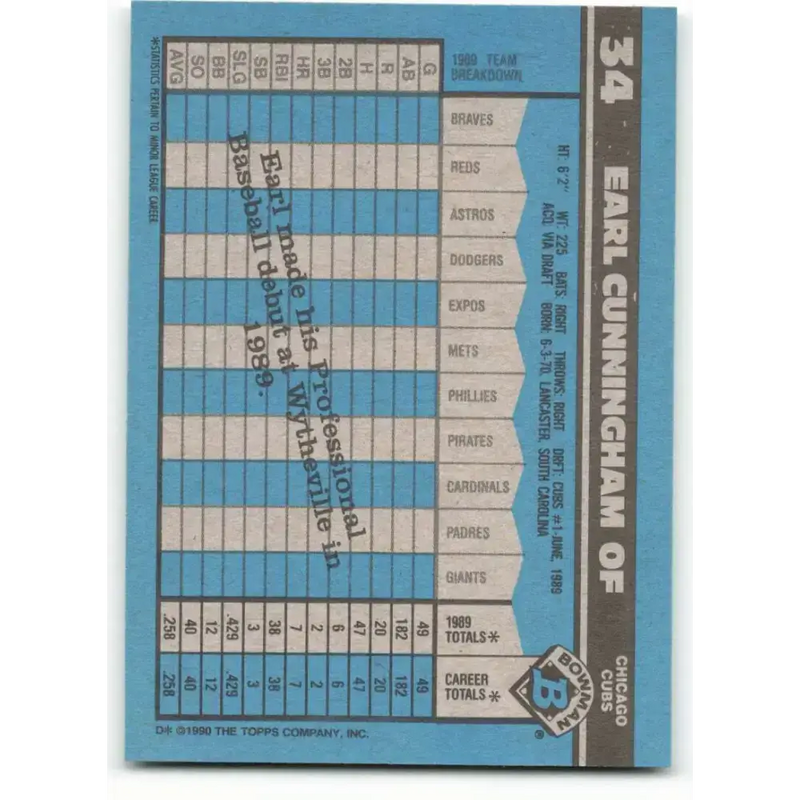 1990 Bowman #34 Earl Cunningham NM-MT RC Rookie Chicago Cubs Baseball Card - Baseball Card Single