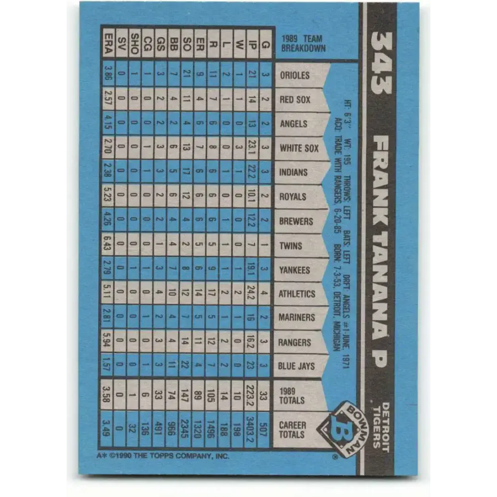 1990 Bowman #343 Frank Tanana NM-MT Detroit Tigers Baseball Card - Baseball Card Single