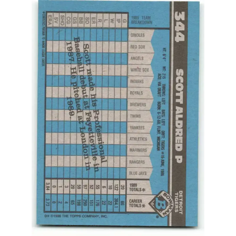 1990 Bowman #344 Scott Aldred NM-MT RC Rookie Detroit Tigers Baseball Card - Baseball Card Single