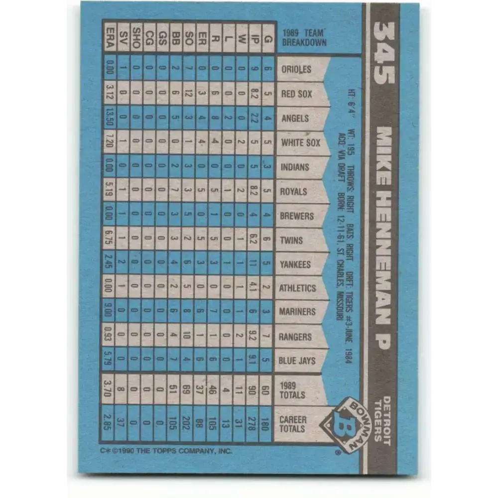 1990 Bowman #345 Mike Henneman NM-MT Detroit Tigers Baseball Card