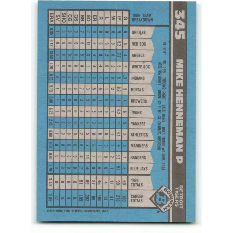 1990 Bowman #345 Mike Henneman NM-MT Detroit Tigers Baseball Card