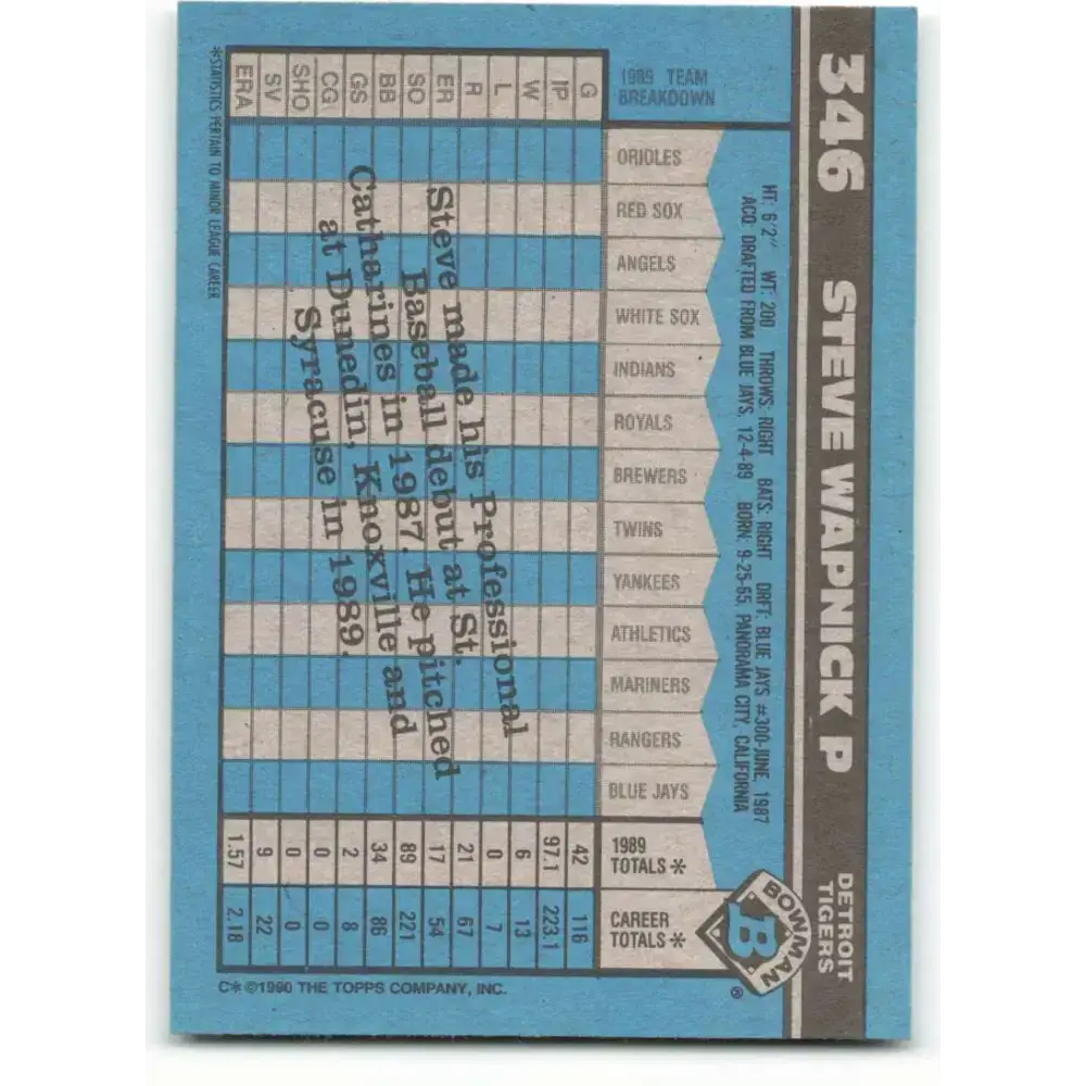 1990 Bowman #346 Steve Wapnick NM-MT RC Rookie Detroit Tigers Baseball Card - Baseball Card Single