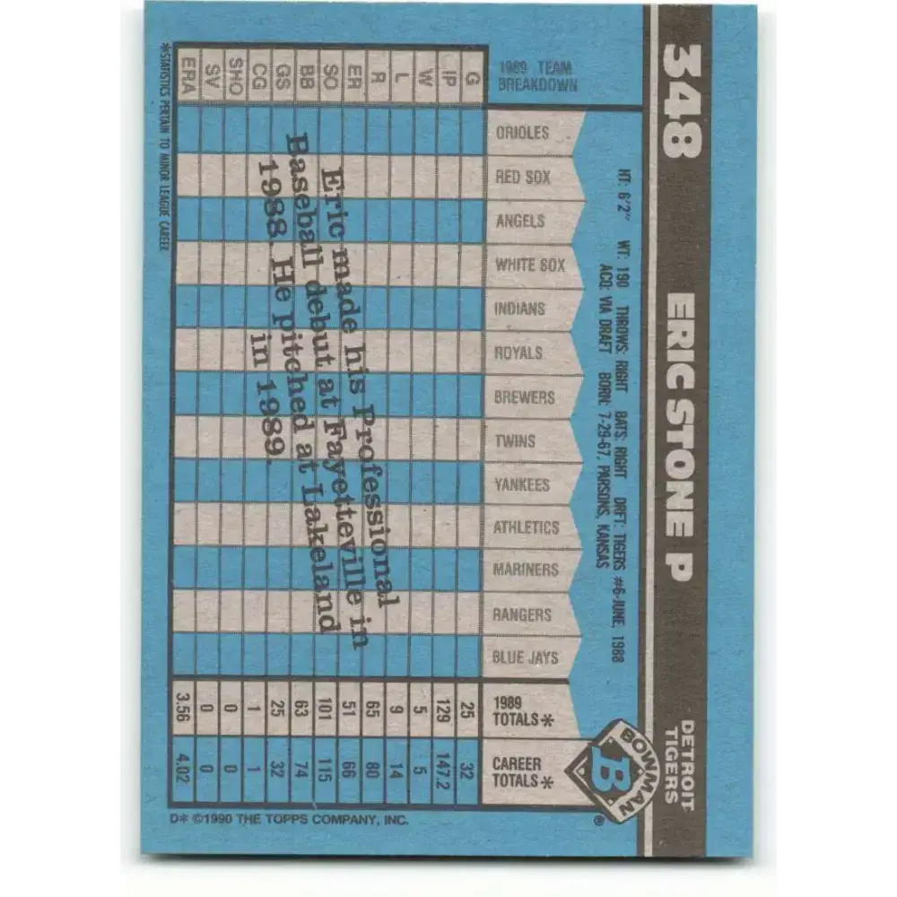 1990 Bowman #348 Eric Stone NM-MT RC Rookie Detroit Tigers Baseball Card - Baseball Card Single