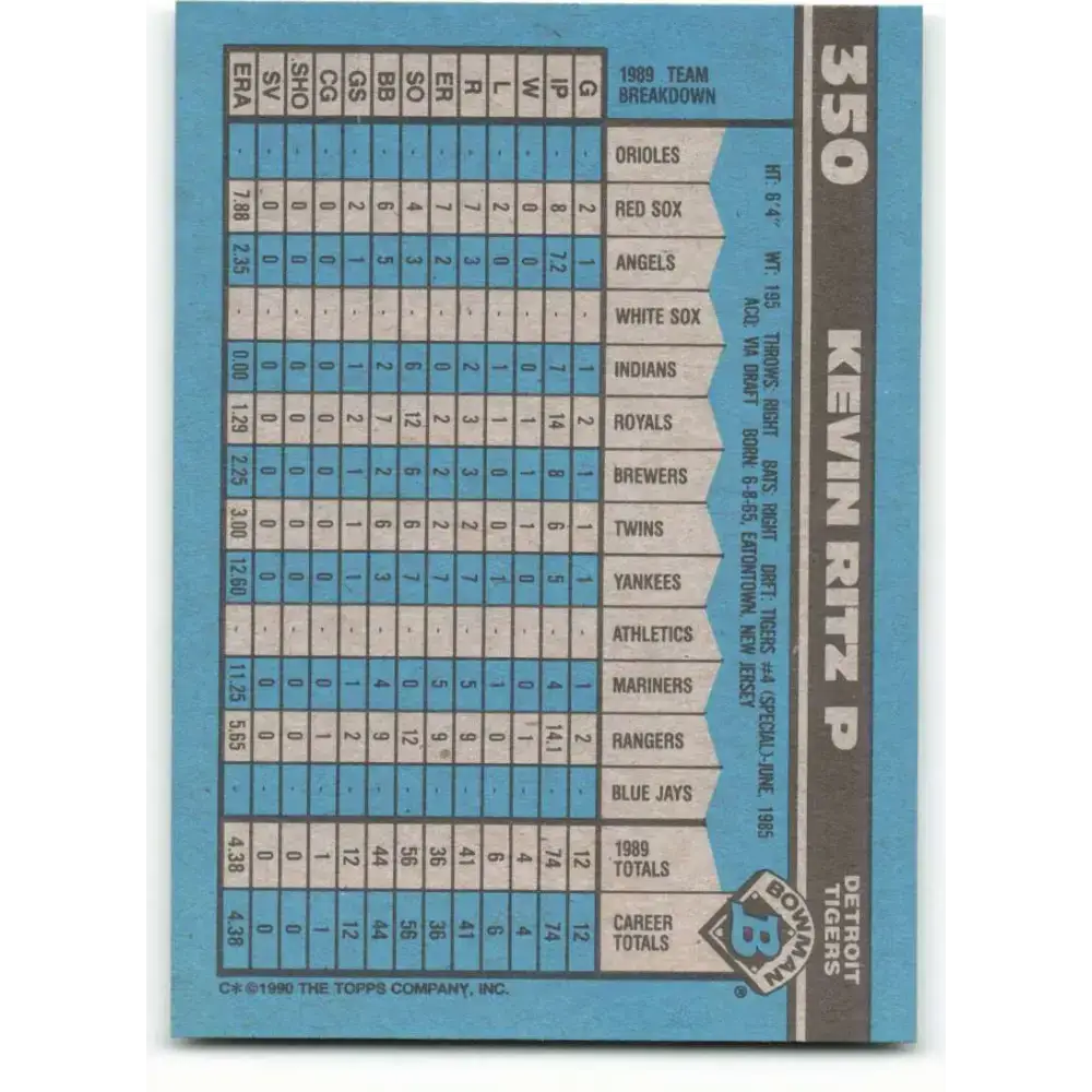 1990 Bowman #350 Kevin Ritz NM-MT RC Rookie Detroit Tigers Baseball Card - Baseball Card Single