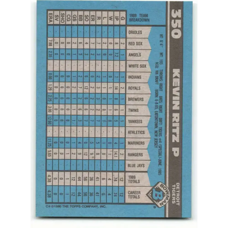 1990 Bowman #350 Kevin Ritz NM-MT RC Rookie Detroit Tigers Baseball Card - Baseball Card Single