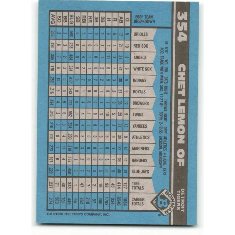 1990 Bowman #354 Chet Lemon NM-MT Detroit Tigers Baseball Card - Baseball Card Single