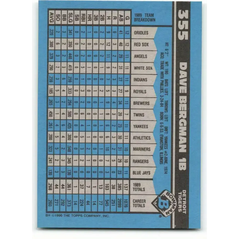 1990 Bowman #355 Dave Bergman NM-MT Detroit Tigers Baseball Card - Baseball Card Single