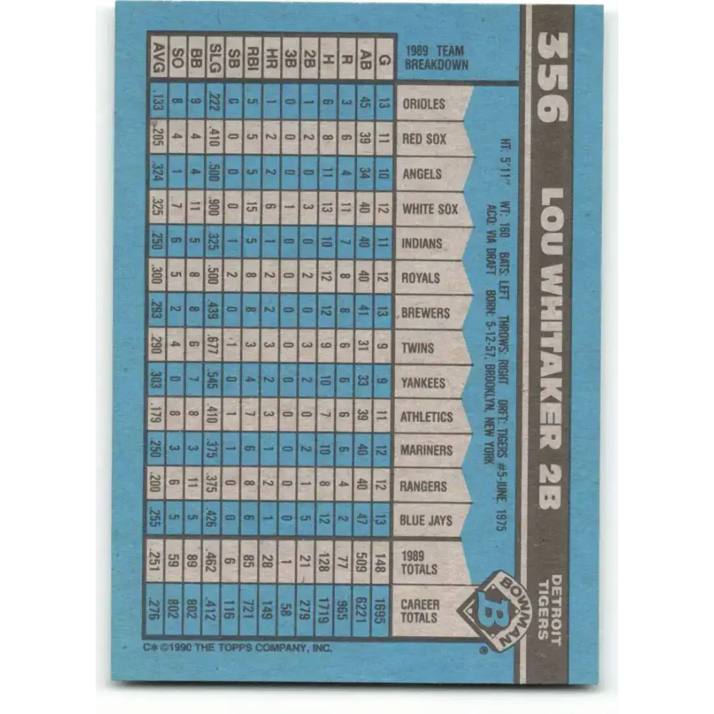 1990 Bowman #356 Lou Whitaker NM-MT Detroit Tigers Baseball Card - Baseball Card Single
