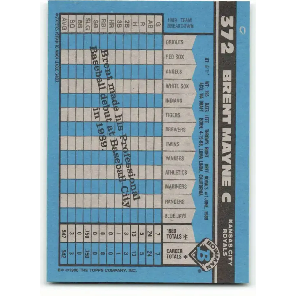 1990 Bowman #372 Brent Mayne NM-MT RC Rookie Kansas City Royals Baseball Card - Baseball Card Single