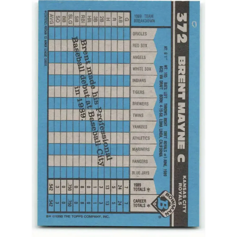 1990 Bowman #372 Brent Mayne NM-MT RC Rookie Kansas City Royals Baseball Card - Baseball Card Single