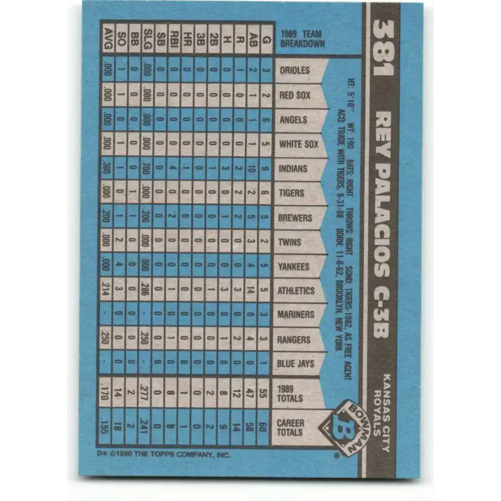 1990 Bowman #381 Rey Palacios NM-MT Kansas City Royals Baseball Card - Baseball Card Single
