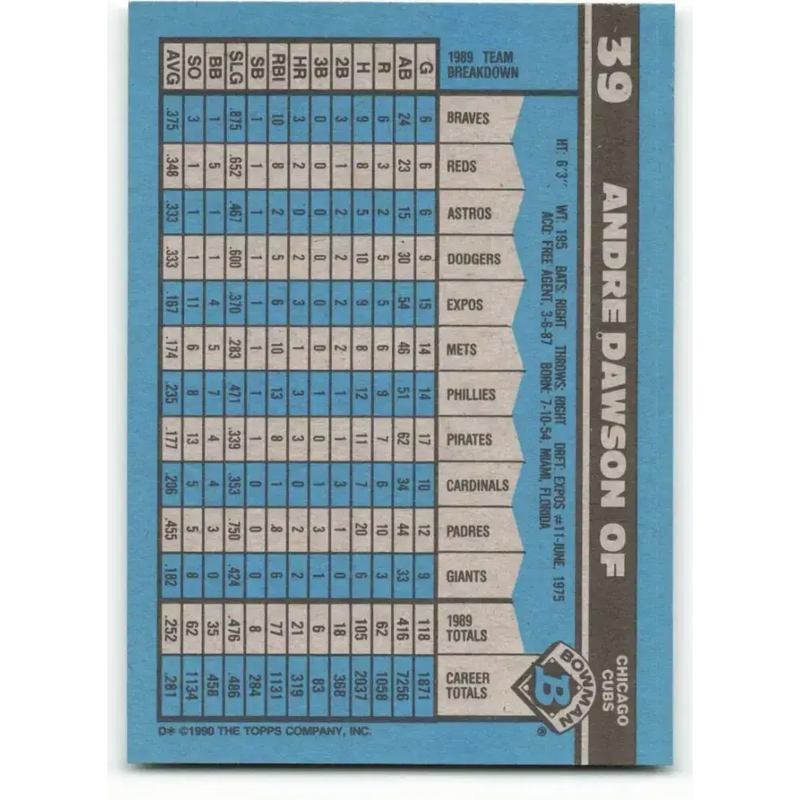 1990 Bowman #39 Andre Dawson NM-MT Chicago Cubs Baseball Card - Baseball Card Single