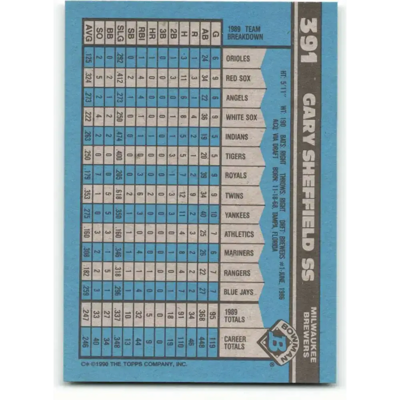 1990 Bowman #391 Gary Sheffield NM-MT Milwaukee Brewers Baseball Card - Baseball Card Single