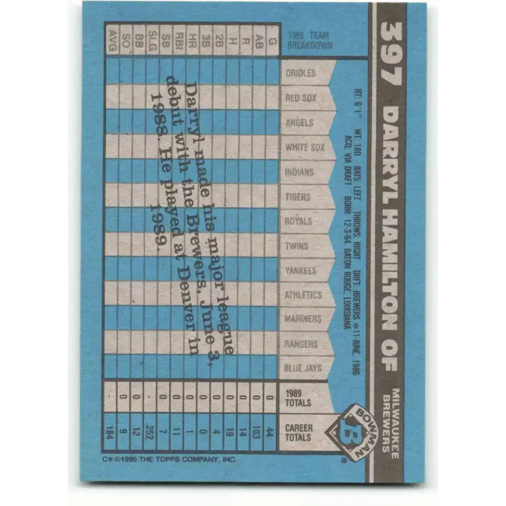 1990 Bowman #397 Darryl Hamilton NM-MT Milwaukee Brewers Baseball Card - Baseball Card Single