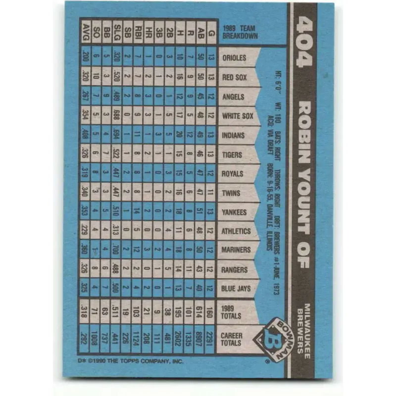 1990 Bowman #404 Robin Yount NM-MT Milwaukee Brewers Baseball Card - Baseball Card Single