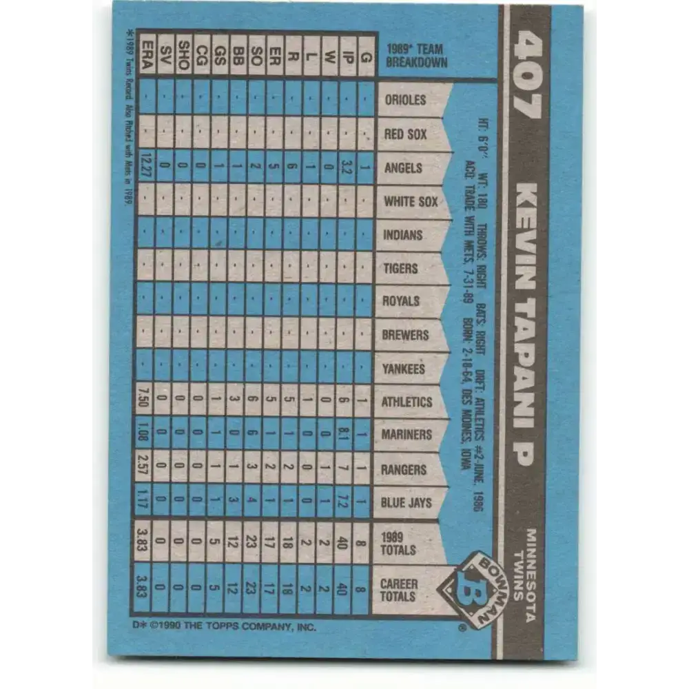 1990 Bowman #407 Kevin Tapani NM-MT RC Rookie Minnesota Twins Baseball Card - Baseball Card Single