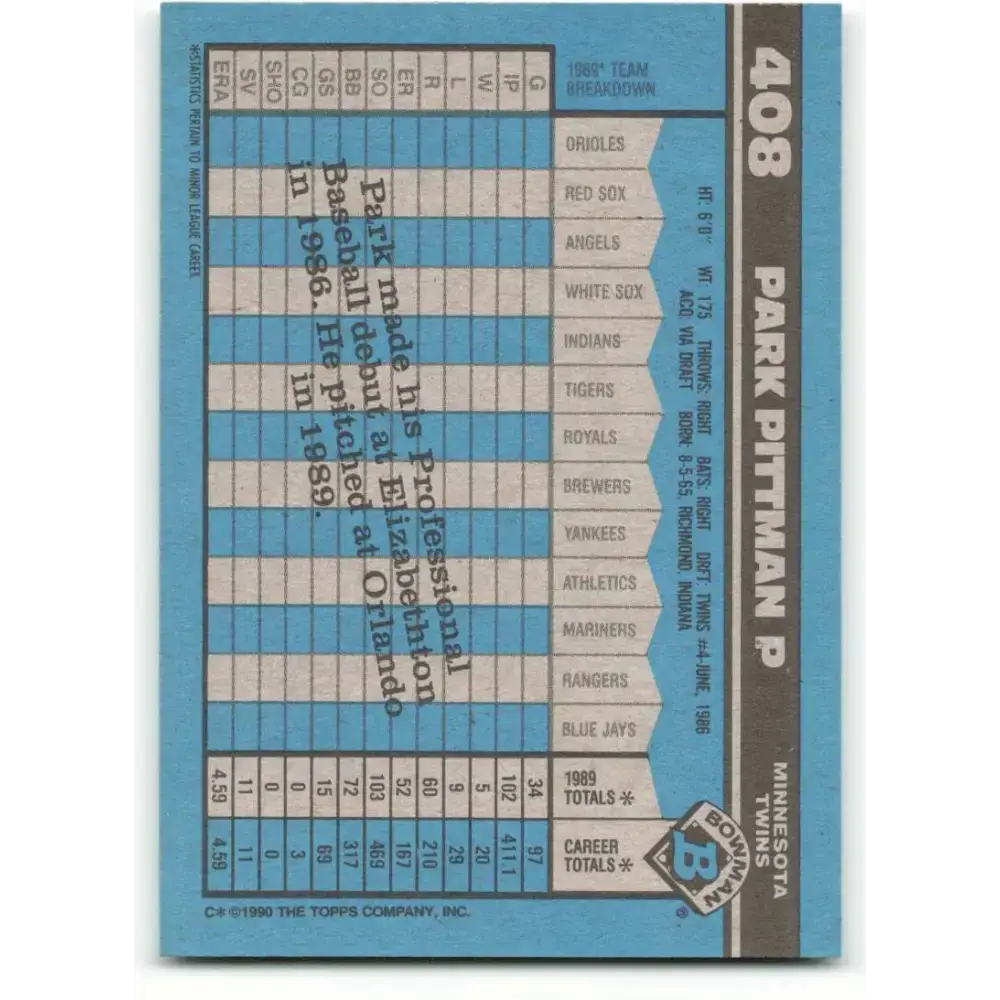 1990 Bowman #408 Park Pittman NM-MT RC Rookie Minnesota Twins Baseball Card - Baseball Card Single