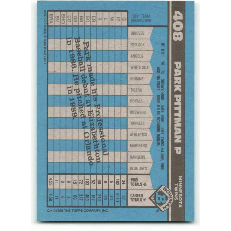 1990 Bowman #408 Park Pittman NM-MT RC Rookie Minnesota Twins Baseball Card - Baseball Card Single