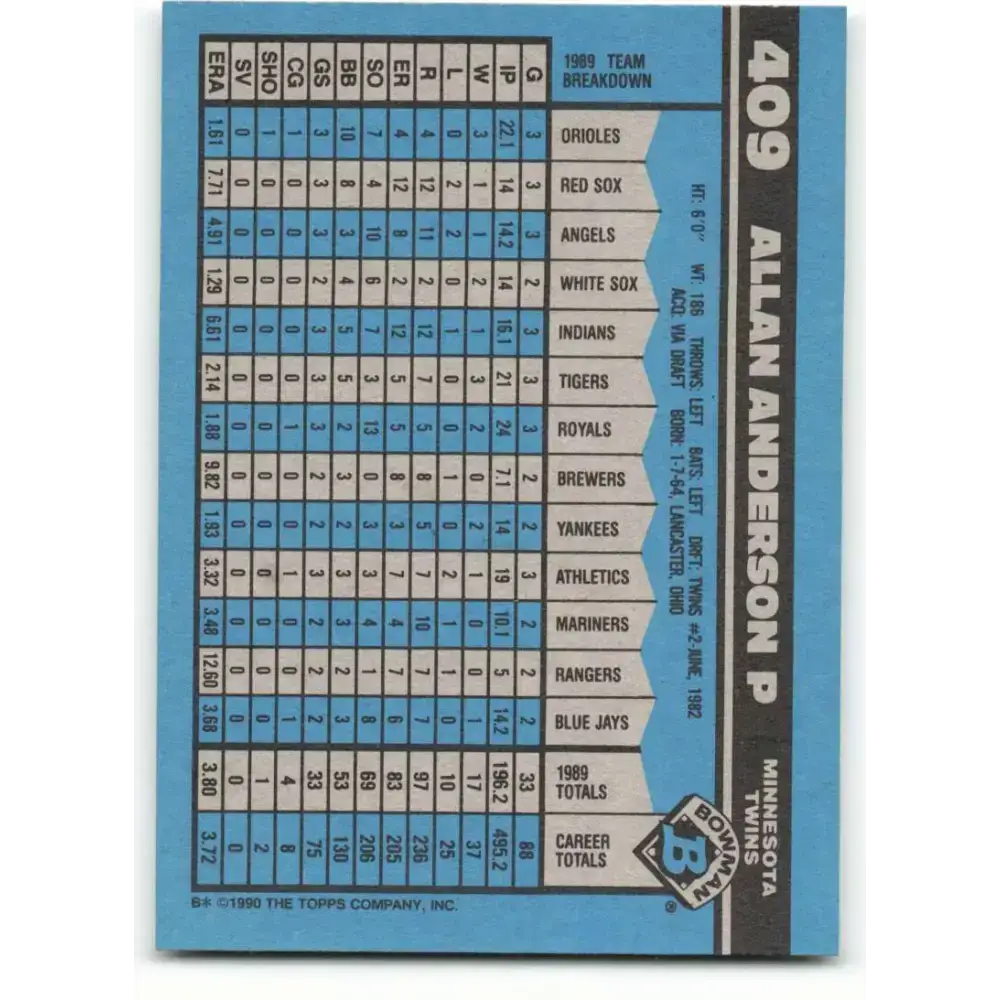 1990 Bowman #409 Allan Anderson NM-MT Minnesota Twins Baseball Card - Baseball Card Single