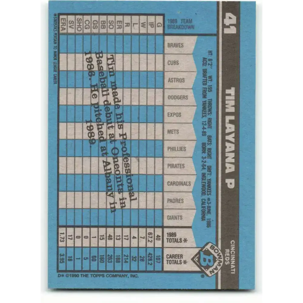 1990 Bowman #41 Tim Layana NM-MT RC Rookie Cincinnati Reds Baseball Card - Baseball Card Single
