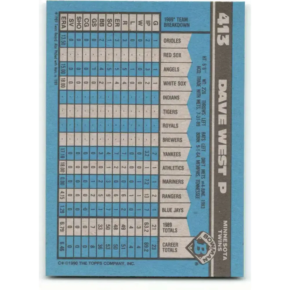 1990 Bowman #413 David West NM-MT Minnesota Twins Baseball Card - Baseball Card Single