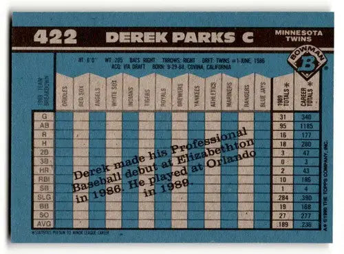 1990 Bowman #422 Derek Parks Minnesota Twins Baseball Cards EX/NM ID:61645 - Baseball Card Single