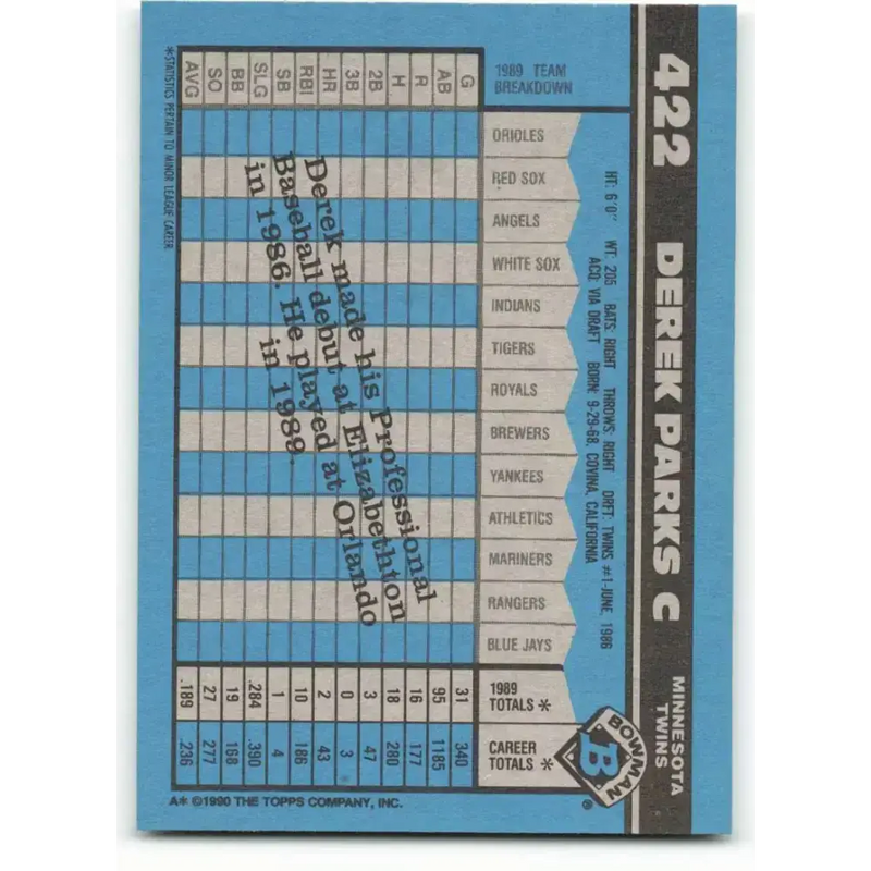 1990 Bowman #422 Derek Parks NM-MT RC Rookie Minnesota Twins Baseball Card