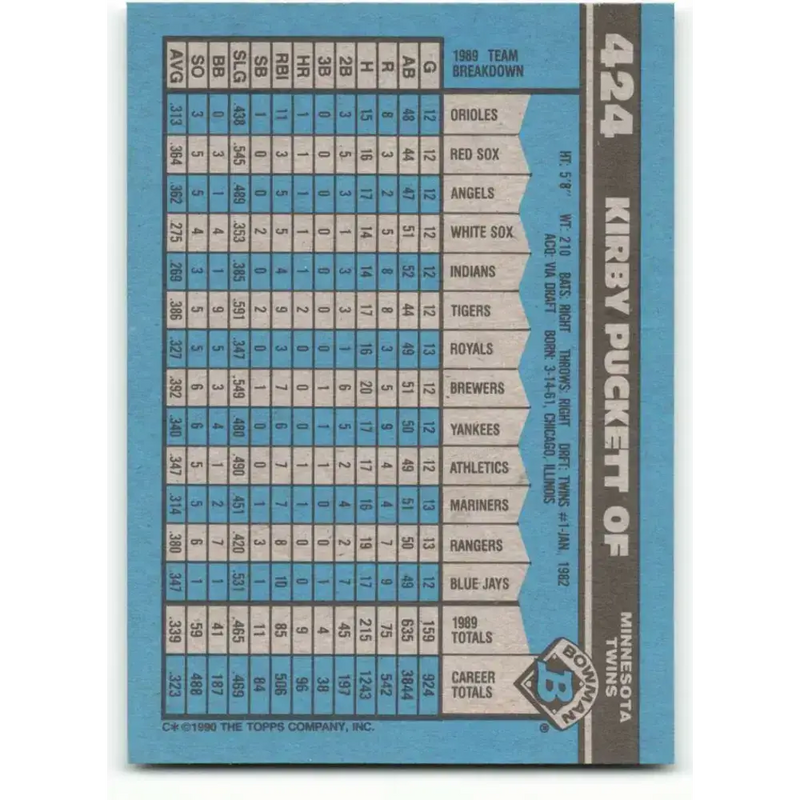 1990 Bowman #424 Kirby Puckett NM-MT Minnesota Twins Baseball Card - Baseball Card Single