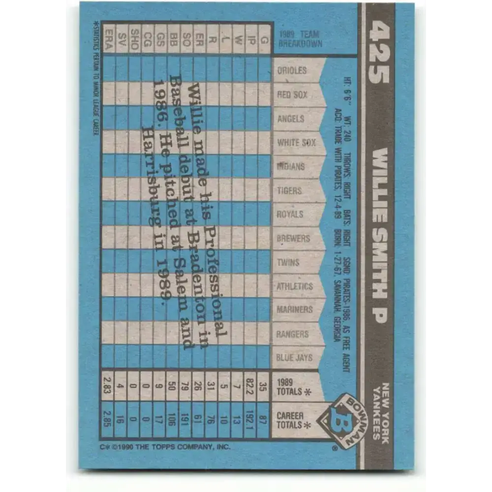 1990 Bowman #425 Willie Smith NM-MT New York Yankees Baseball Card - Baseball Card Single