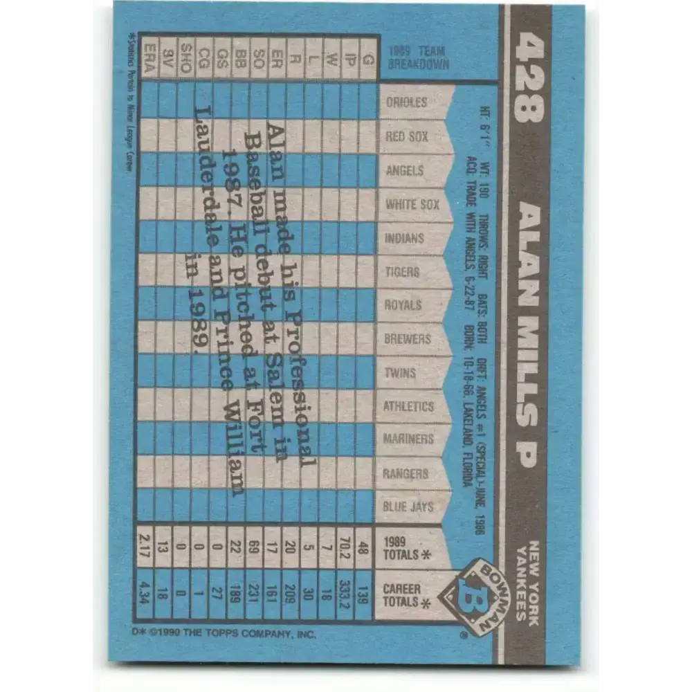 1990 Bowman #428 Alan Mills NM-MT RC Rookie New York Yankees Baseball Card - Baseball Card Single