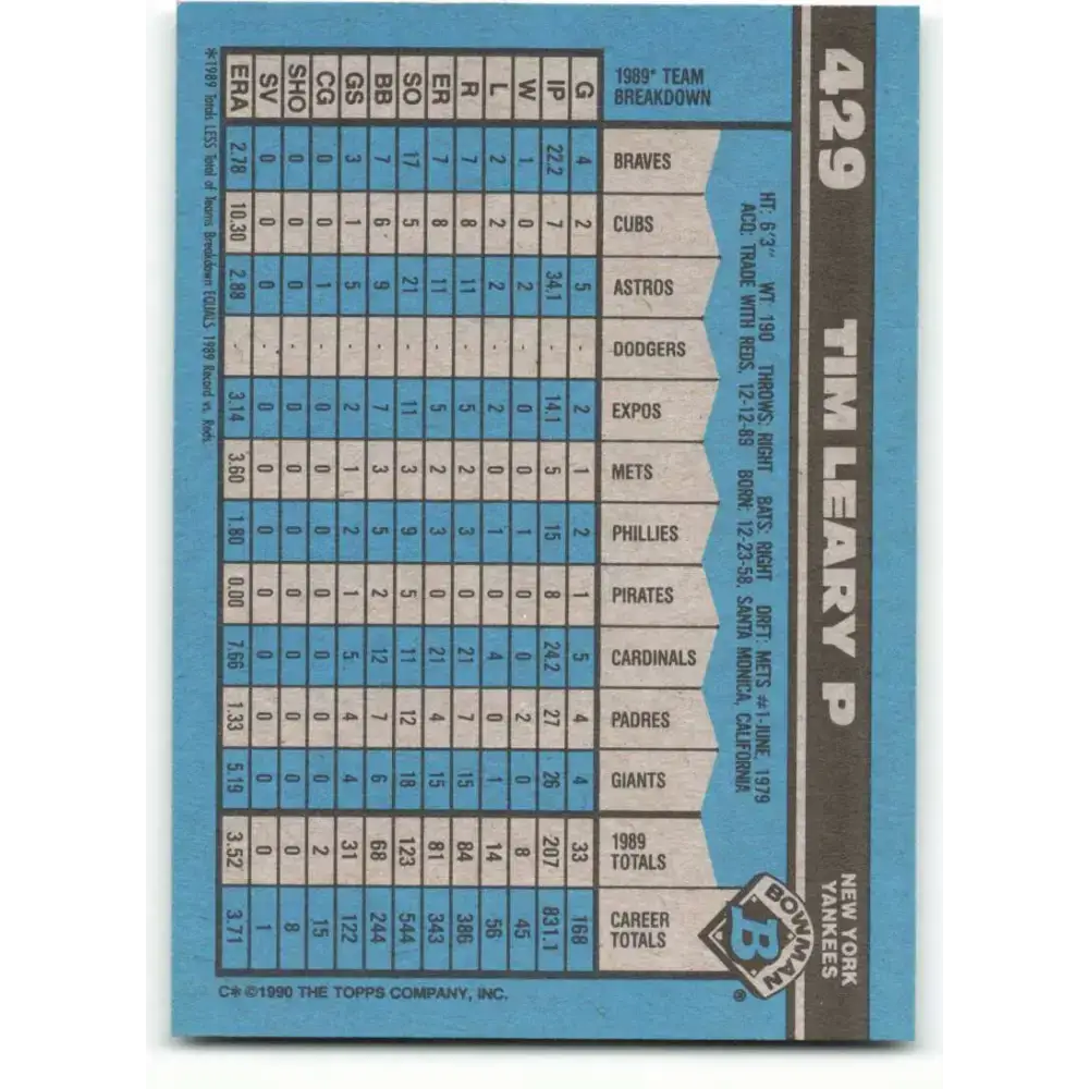 1990 Bowman #429 Tim Leary NM-MT New York Yankees Baseball Card - Baseball Card Single